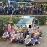 Die Verkehrspolizistin Frau Walter hat heute mit der 1 a und der 1 b die „Aktion gelbe Füße“ durchgeführt. An Stellen, an denen viele Kinder auf ihrem Schulweg die Straße überqueren, wurde besprochen und geübt, wie man anhält, genau guckt und sicher auf die andere Seite kommt.